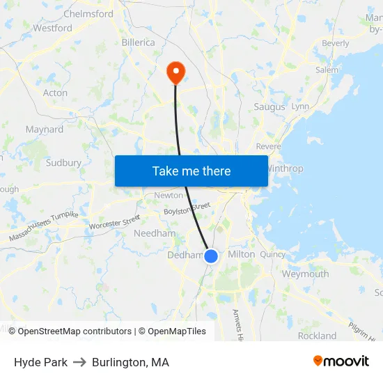Hyde Park to Burlington, MA map