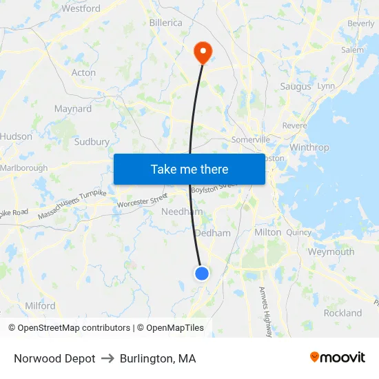 Norwood Depot to Burlington, MA map