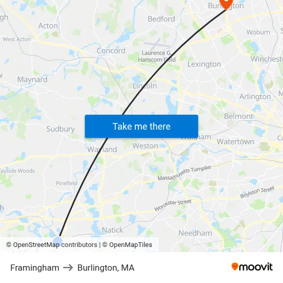 Framingham to Burlington, MA map
