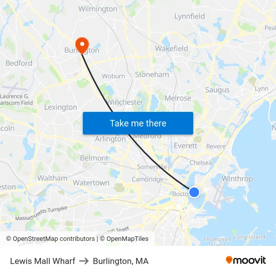 Lewis Mall Wharf to Burlington, MA map