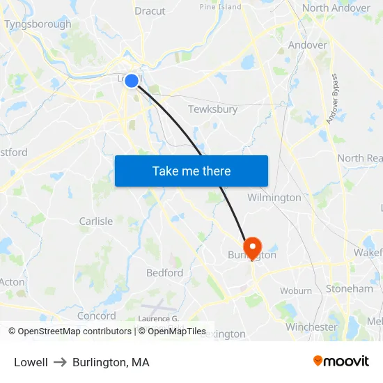 Lowell to Burlington, MA map