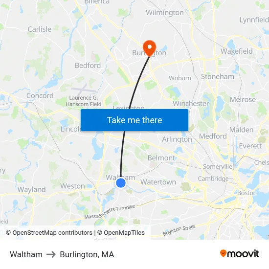 Waltham to Burlington, MA map