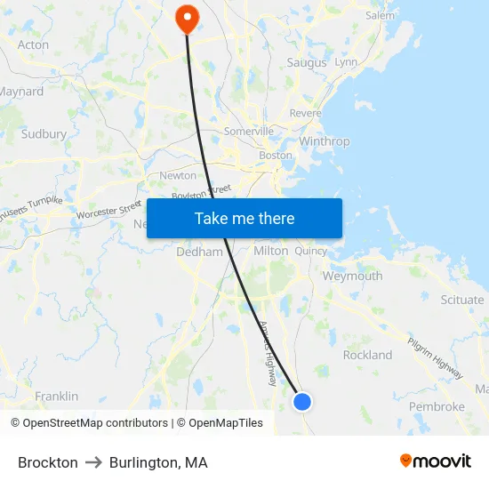 Brockton to Burlington, MA map