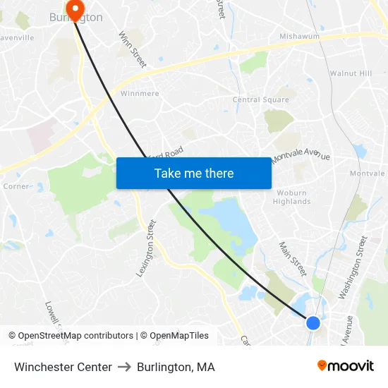 Winchester Center to Burlington, MA map