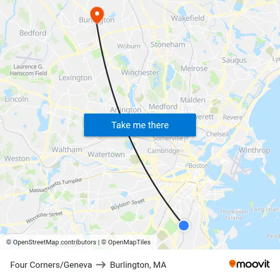Four Corners/Geneva to Burlington, MA map
