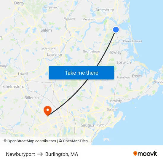 Newburyport to Burlington, MA map