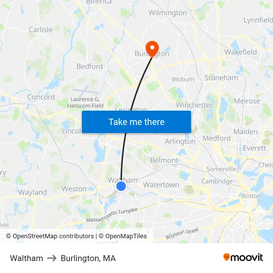 Waltham to Burlington, MA map