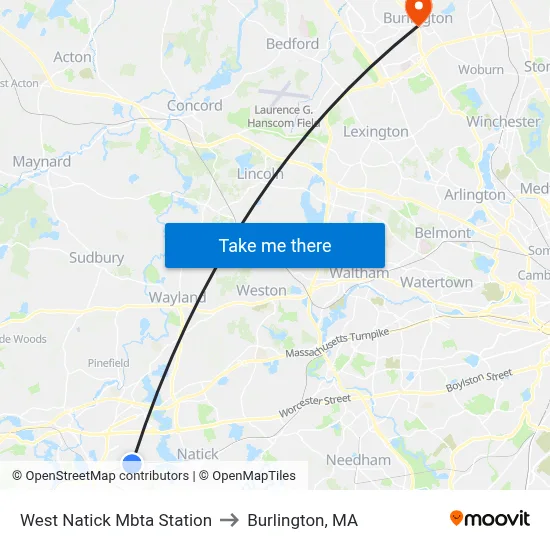 West Natick Mbta Station to Burlington, MA map