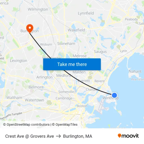 Crest Ave @ Grovers Ave to Burlington, MA map