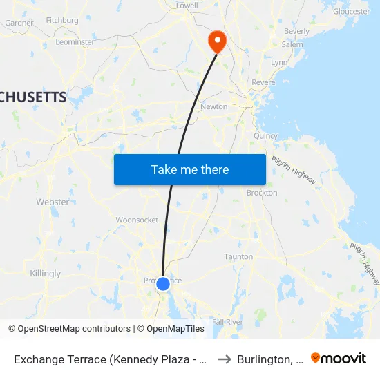 Exchange Terrace (Kennedy Plaza - Stop X) to Burlington, MA map