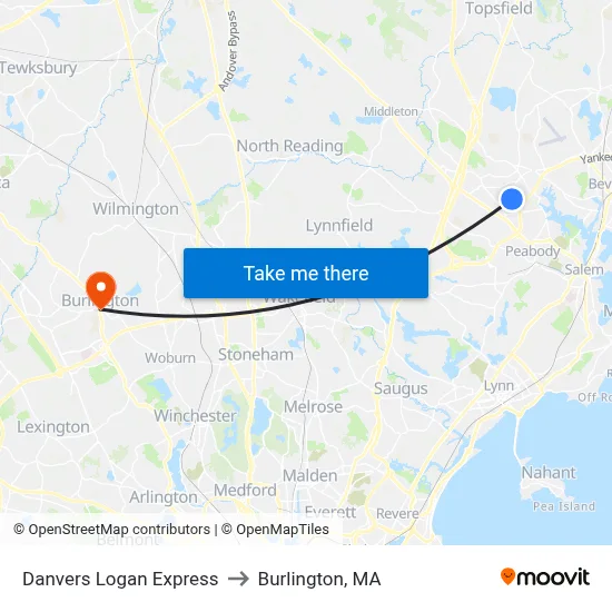 Danvers Logan Express to Burlington, MA map
