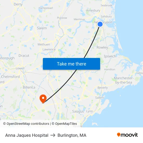 Anna Jaques Hospital to Burlington, MA map