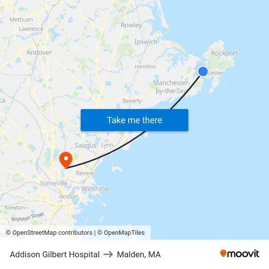 Addison Gilbert Hospital to Malden, MA map
