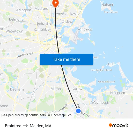 Braintree to Malden, MA map