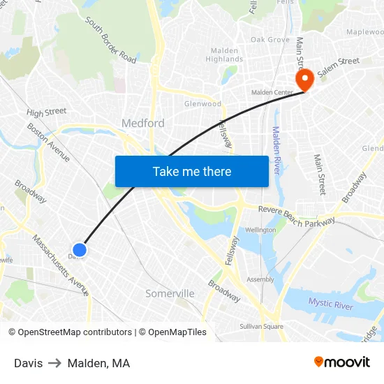 Davis to Malden, MA map