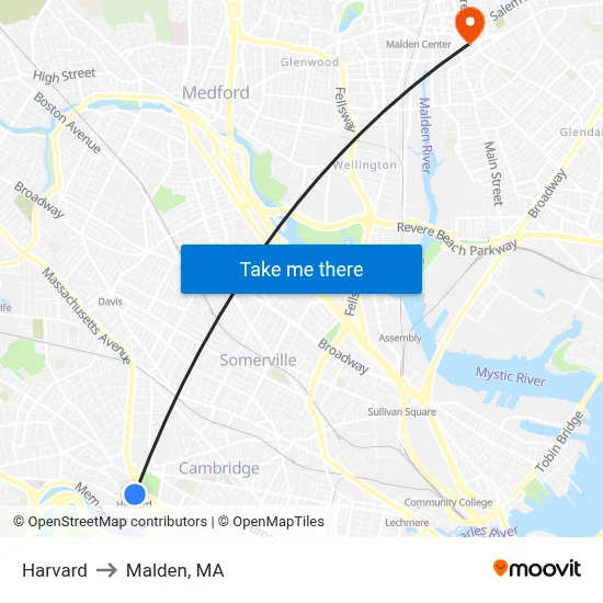 Harvard to Malden, MA map