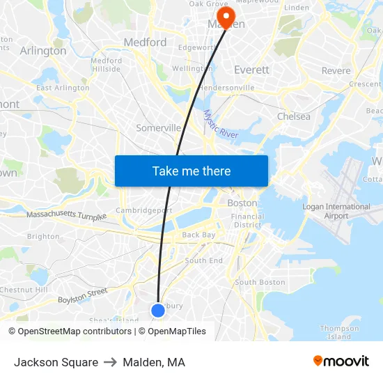 Jackson Square to Malden, MA map