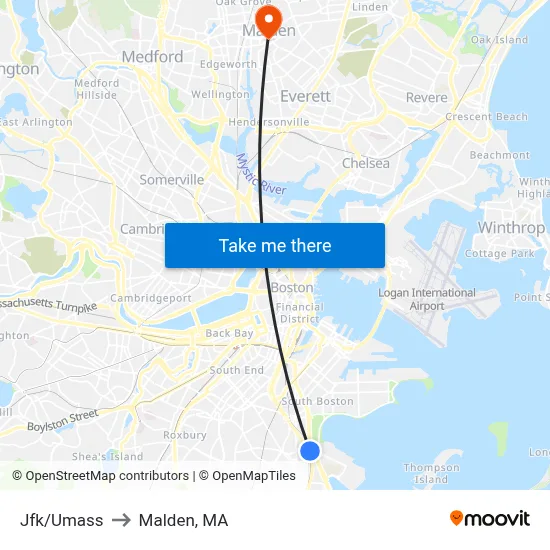 Jfk/Umass to Malden, MA map