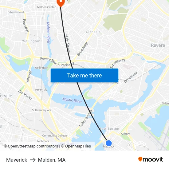 Maverick to Malden, MA map
