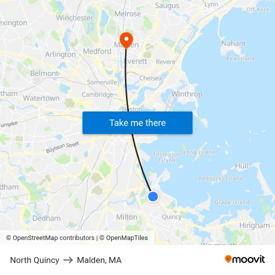 North Quincy to Malden, MA map