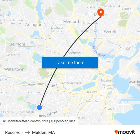 Reservoir to Malden, MA map