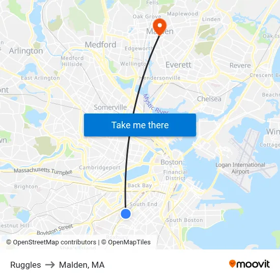 Ruggles to Malden, MA map