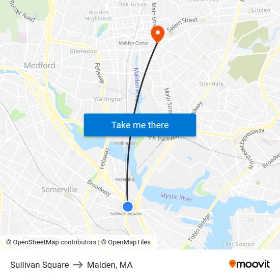 Sullivan Square to Malden, MA map