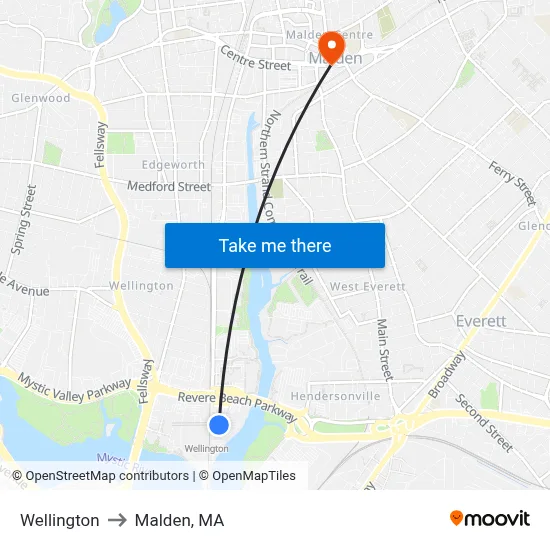 Wellington to Malden, MA map