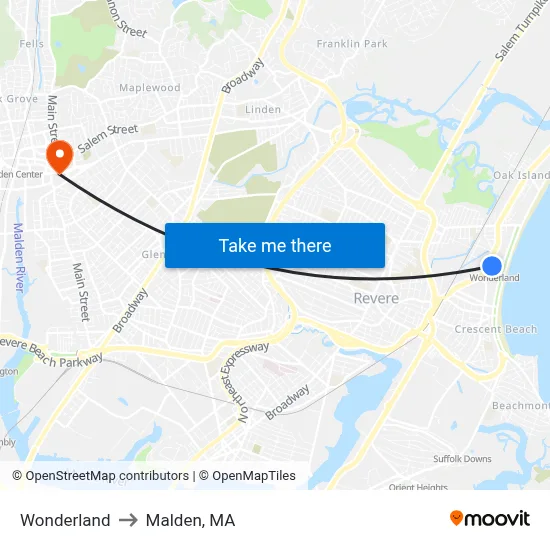 Wonderland to Malden, MA map