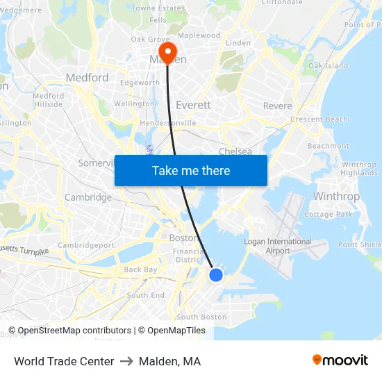 World Trade Center to Malden, MA map