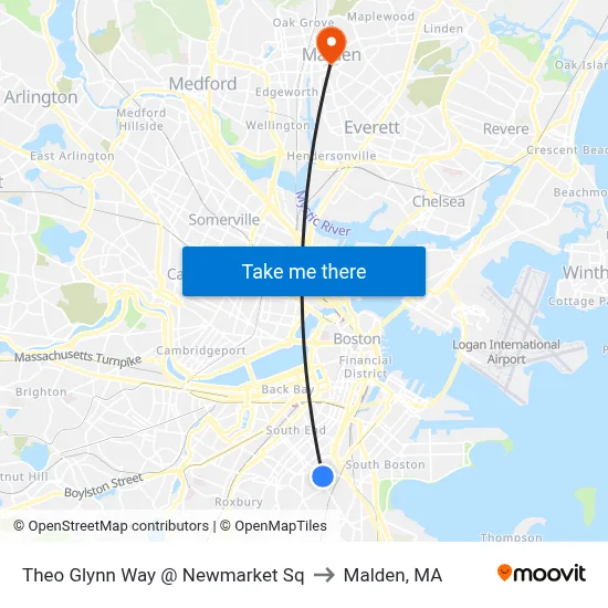 Theo Glynn Way @ Newmarket Sq to Malden, MA map
