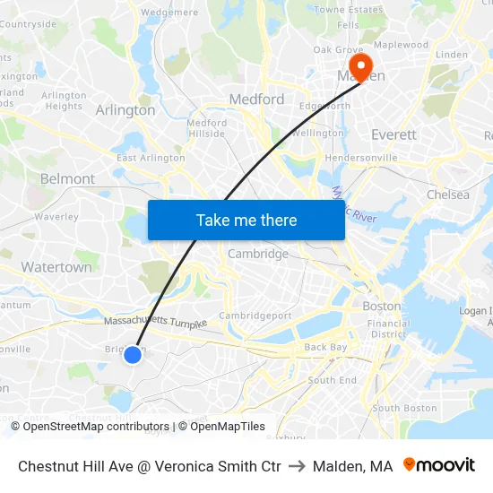 Chestnut Hill Ave @ Veronica Smith Ctr to Malden, MA map
