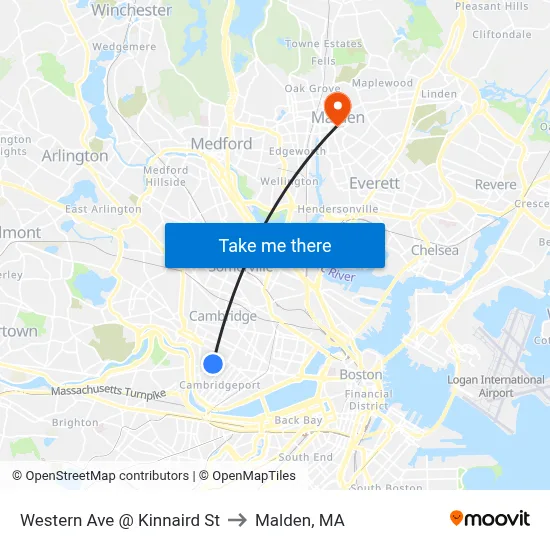 Western Ave @ Kinnaird St to Malden, MA map
