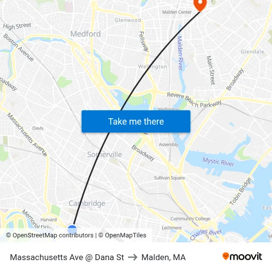 Massachusetts Ave @ Dana St to Malden, MA map