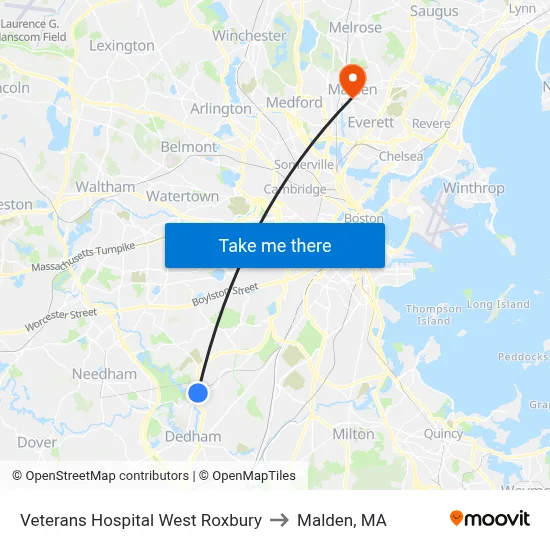 Veterans Hospital West Roxbury to Malden, MA map
