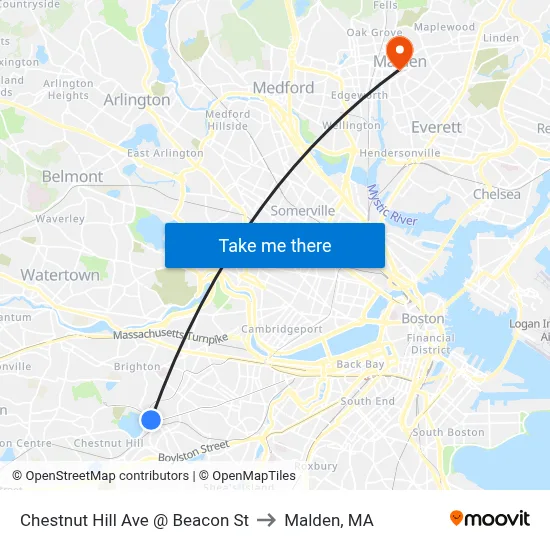 Chestnut Hill Ave @ Beacon St to Malden, MA map