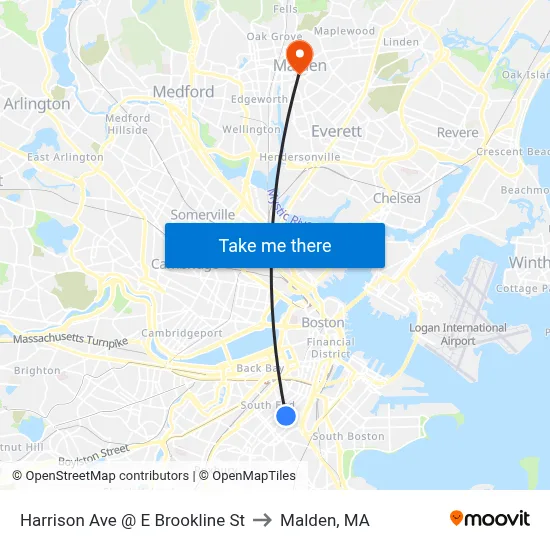 Harrison Ave @ E Brookline St to Malden, MA map