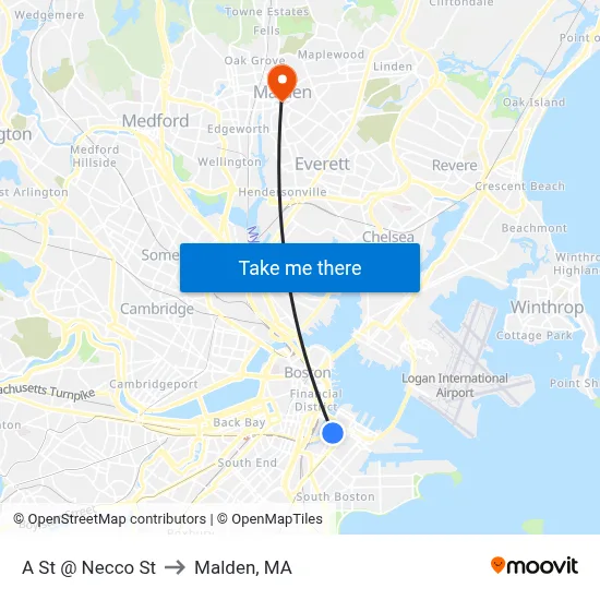 A St @ Necco St to Malden, MA map