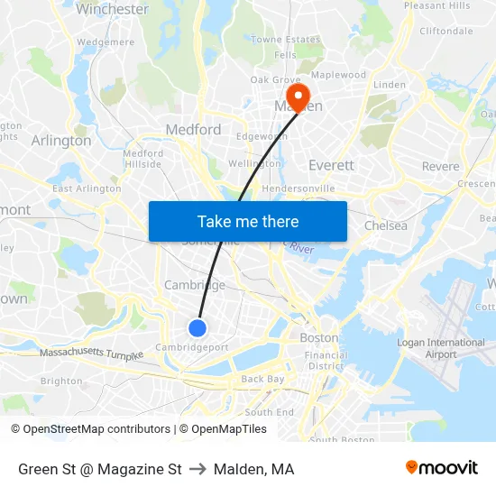 Green St @ Magazine St to Malden, MA map