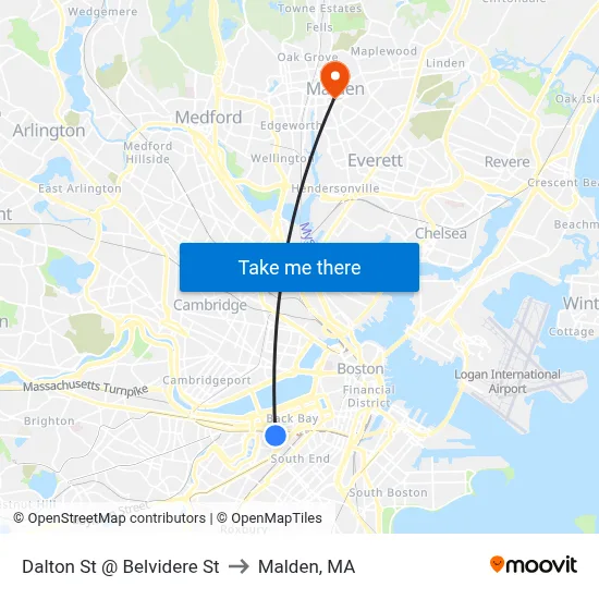 Dalton St @ Belvidere St to Malden, MA map