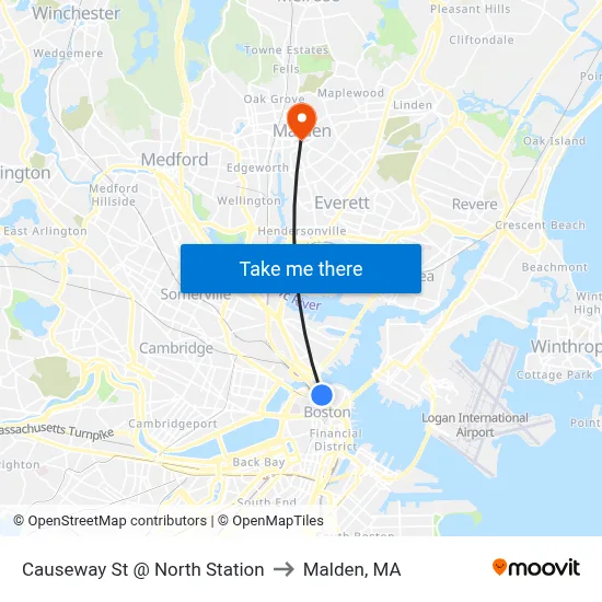 Causeway St @ North Station to Malden, MA map