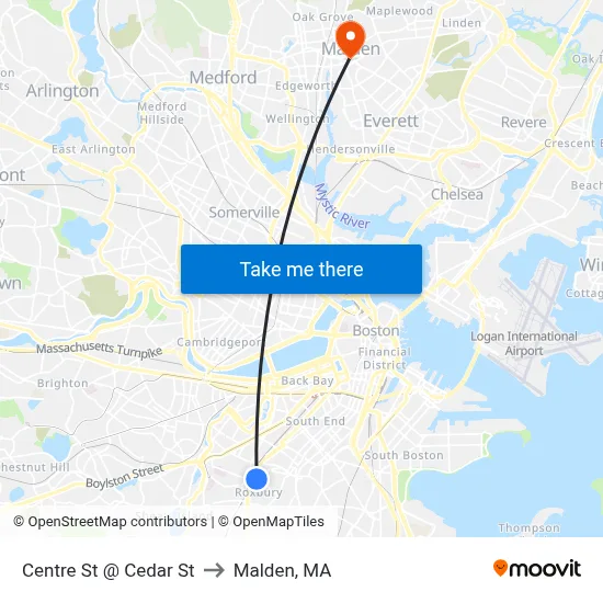 Centre St @ Cedar St to Malden, MA map