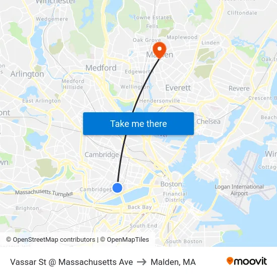 Vassar St @ Massachusetts Ave to Malden, MA map