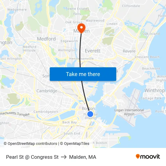 Pearl St @ Congress St to Malden, MA map