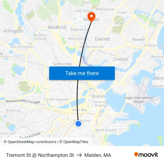 Tremont St @ Northampton St to Malden, MA map