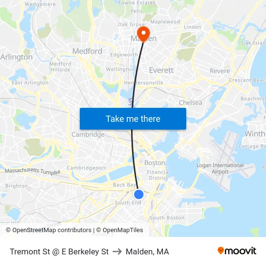 Tremont St @ E Berkeley St to Malden, MA map