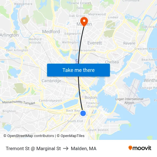 Tremont St @ Marginal St to Malden, MA map