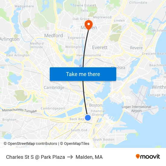Charles St S @ Park Plaza to Malden, MA map