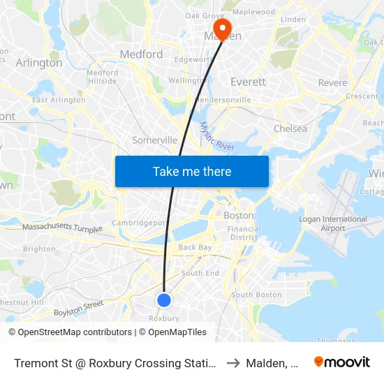 Tremont St @ Roxbury Crossing Station to Malden, MA map