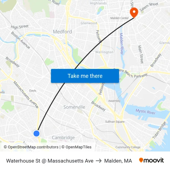 Waterhouse St @ Massachusetts Ave to Malden, MA map